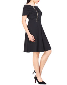 Double Pearl Detail Off Shoulder Dress (Black)