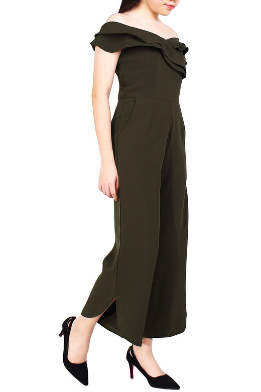 Off Shoulder Double Ruffled Jumpsuit (Dirty Green)
