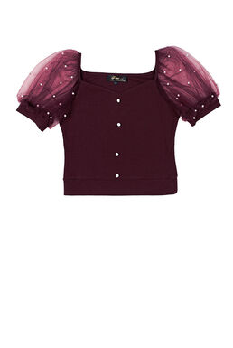 Fine Square Neck Pearl Details Mesh Puff Sleeve Top (Burgundy)