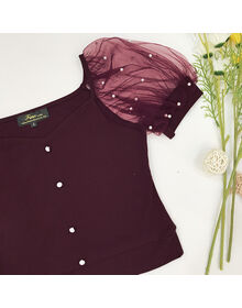 Fine Square Neck Pearl Details Mesh Puff Sleeve Top (Burgundy)