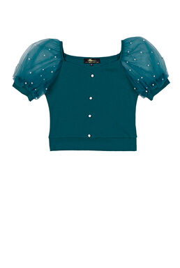 Fine Square Neck Pearl Details Mesh Puff Sleeve Top (Turquoise)