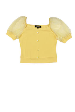Fine Square Neck Pearl Details Mesh Puff Sleeve Top (Yellow)