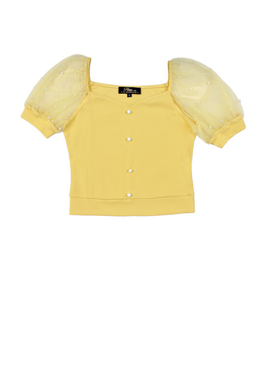 Fine Square Neck Pearl Details Mesh Puff Sleeve Top (Yellow)