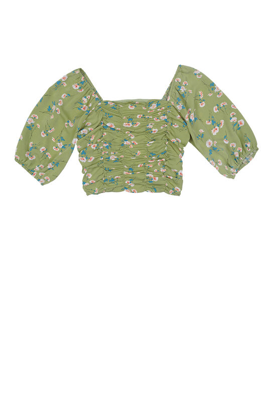Fine Square Neck Half Sleeve Floral Print Back Shirred Crop Top (Lime Green)