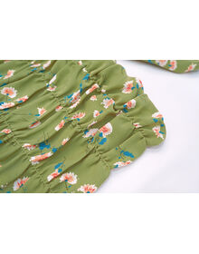 Fine Square Neck Half Sleeve Floral Print Back Shirred Crop Top (Lime Green)
