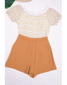 Fine Off Shoulder Floral Textured Top Addiction Overlay Playsuit (Yellow + Brown)