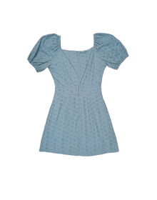Fine Square Neck Puff Sleeve Eyelet A Line Dress (Grey Green)