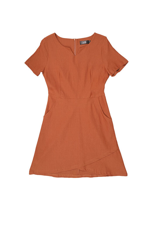 Fine Square V Neck Asymmetric Hem Dress (Orange Brown)
