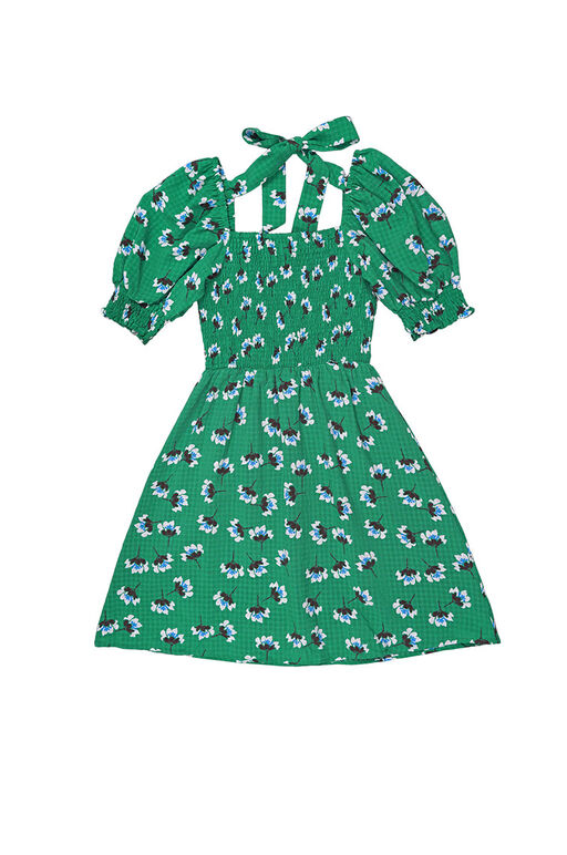 Fine Shirred Top Puff Sleeve Floral Print Textured Swing Dress (Green)