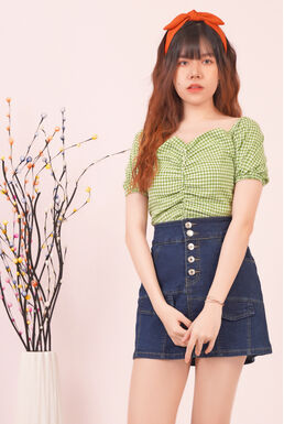 Fine Square Neck Button Down Puff Sleeve Checkered Crop Top (Apple Green)