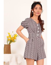 Fine Button Front Back Tie Checkered Eyelet Playsuit (Black)