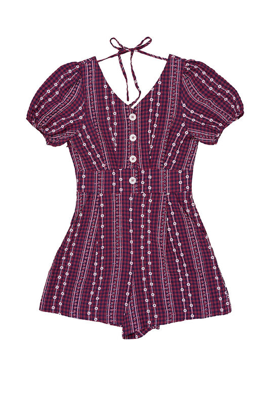 Fine Button Front Back Tie Checkered Eyelet Playsuit (Burgundy)