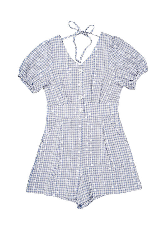 Fine Button Front Back Tie Checkered Eyelet Playsuit (Light Blue)