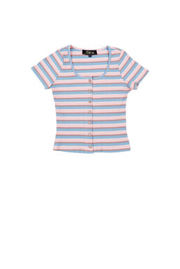 Fine Button Up Multi Color Stripe Knitted Crop Top (Blue)