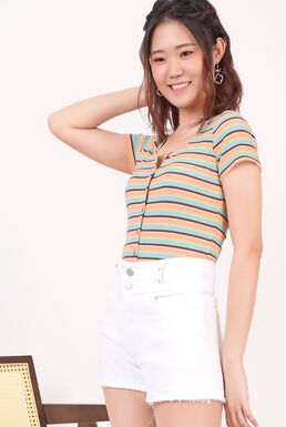 Fine Button Up Multi Color Stripe Knitted Crop Top (Orange)