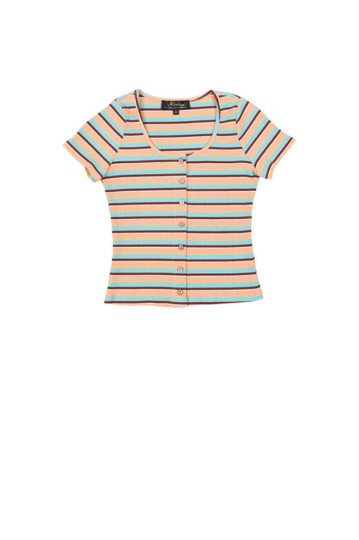 Fine Button Up Multi Color Stripe Knitted Crop Top (Orange)