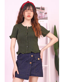 Fine Round Neck Button Down Frill Trim Top (Dirty Green)