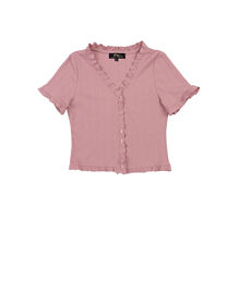 Fine Pit Stripe V Neck Button Down Frill Trim Knitted Top (Red Bean)