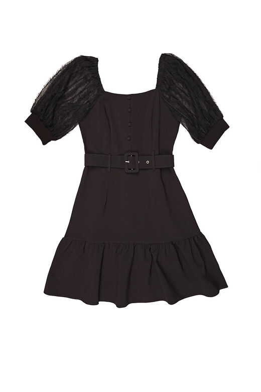 Square Neck Lace Puff Sleeve Ruffled Dress With Waist Belt (Black)