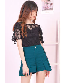 Tiered Sleeve Back Keyhole Lace Overlay Top (Black)