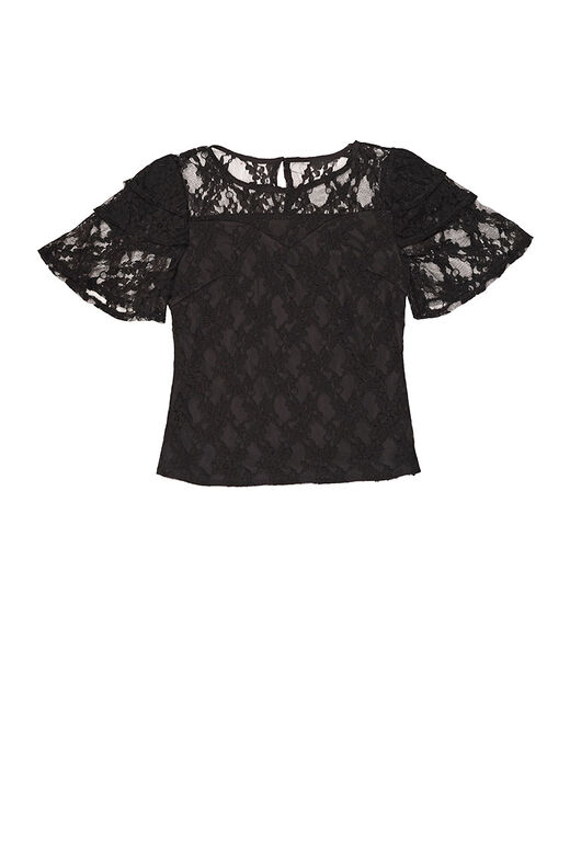 Tiered Sleeve Back Keyhole Lace Overlay Top (Black)