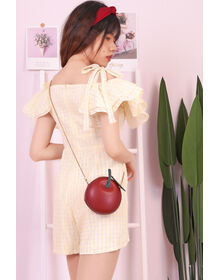 Fine Strap Tie Double Flutter Sleeve Checkered Playsuit (Yellow)