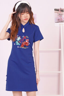 Mandarin Collar Fox Embroidered Side Slit Cheongsam Dress (Blue)