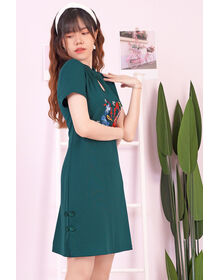 Mandarin Collar Fox Embroidered Side Slit Cheongsam Dress (Dark Green)