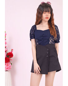 Square Neck Lace Puff Sleeve Crinkle Front Crop Top (Navy)