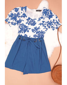 Fine Crinkle Front Floral Print Top O Ring Waist Tie Playsuit (Blue)