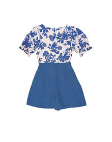 Fine Crinkle Front Floral Print Top O Ring Waist Tie Playsuit (Blue)