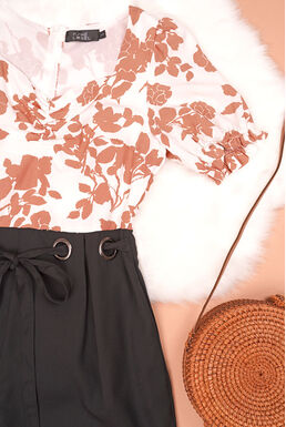 Fine Crinkle Front Floral Print Top O Ring Waist Tie Playsuit (Orange Brown)