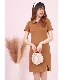 Fine Icon Polo Collar T Shirt Pit Stripe V Hem Cut Dress  (Brown)