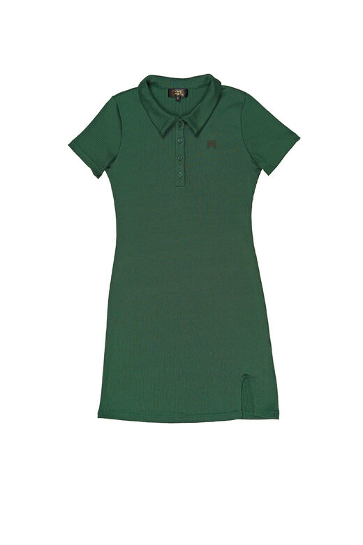 Fine Icon Polo Collar T Shirt Pit Stripe V Hem Cut Dress  (Green)
