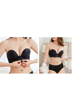Detail Lace Front Hook Supportive Wireless Push Up Bra (Black)