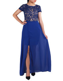Embroidered Mesh Lace Top Split Maxi Dress (Blue)