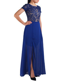 Embroidered Mesh Lace Top Split Maxi Dress (Blue)