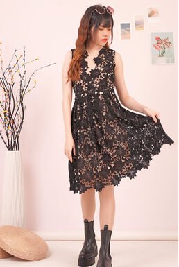 Fine Crochet Lace Overlay Illusion Pleated Dress (Black)