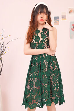 Fine Crochet Lace Overlay Illusion Pleated Dress (Green)