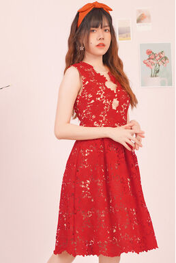 Fine Crochet Lace Overlay Illusion Pleated Dress (Red)