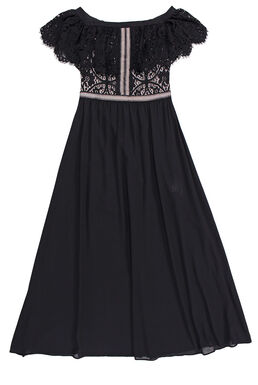 Crochet Lace Overlay Off Shoulder Frill Maxi Dress (Black)