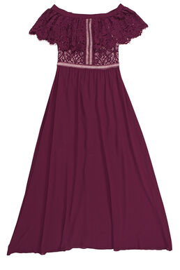 Crochet Lace Overlay Off Shoulder Frill Maxi Dress (Maroon)