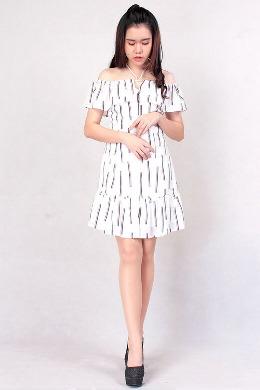 Off Shoulder Ruffle Column Printed Dress (White)
