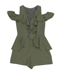 Cold Shoulder Ruffle Peplum Playsuit (Army Green)