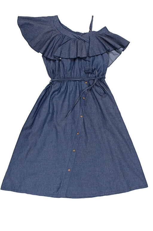 Oblique Shoulder Frill Asymmetric Button Midi Dress (Medium Denim)