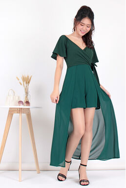 Fine V Neck Off Shoulder Playsuit With Maxi Chiffon Overlay (Green)
