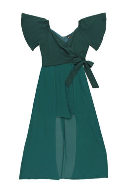 Fine V Neck Off Shoulder Playsuit With Maxi Chiffon Overlay (Green)